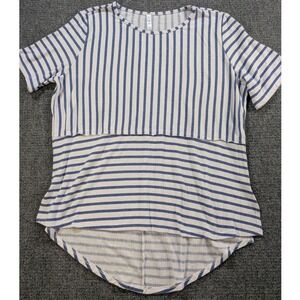 Yee Women Large Blue White Striped Short Sleeve High Low Hem